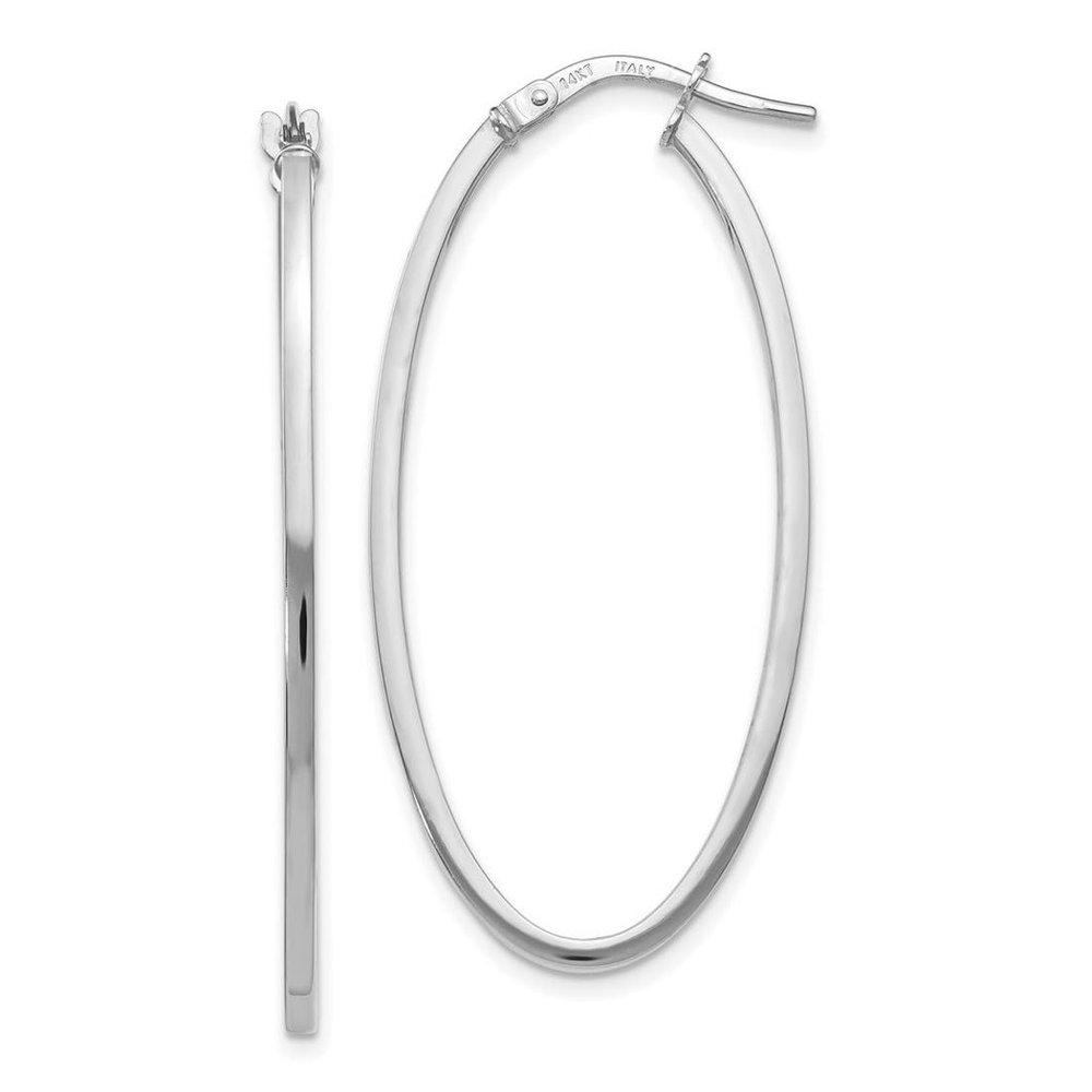 14K White Gold Polished Oval Hinged Hoop Earrings, 40 x 20 mm, 1.5 mm Thick