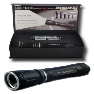 LEUCHTWERT PL25 LED Flashlight, 10 W, 700 lm, Zoom Lens, Batteries Included, Gift Box 10025