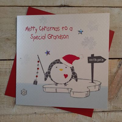 White Cotton Cards X144 Christmas Card, “Merry Christmas to a Special Grandson ...”, Penguin Design, Handmade, White