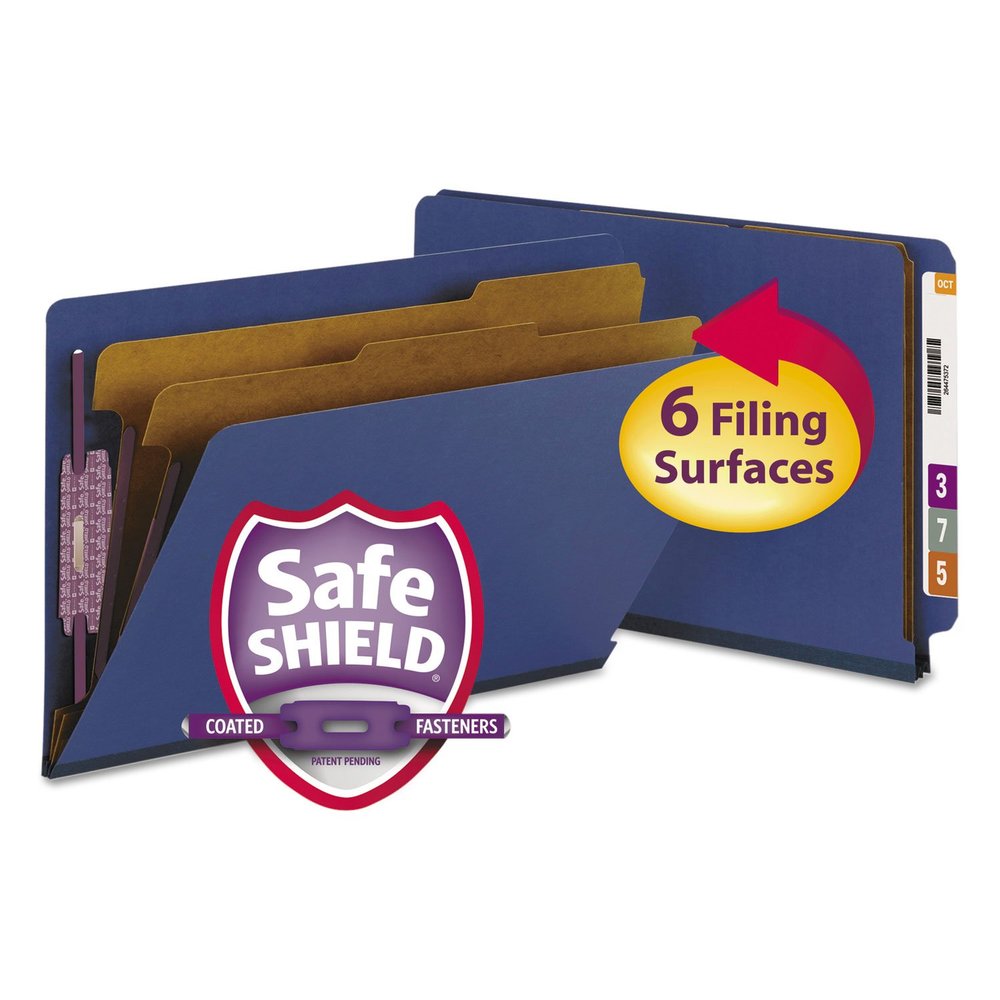 Smead 29784 Dark Blue End-Tab Pressboard Classification Folder with SafeShield Tie Closure