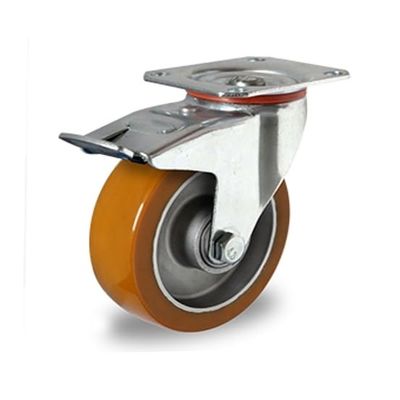 Swivel Caster with Brake, 125 mm, Brown Polyurethane "Alu"