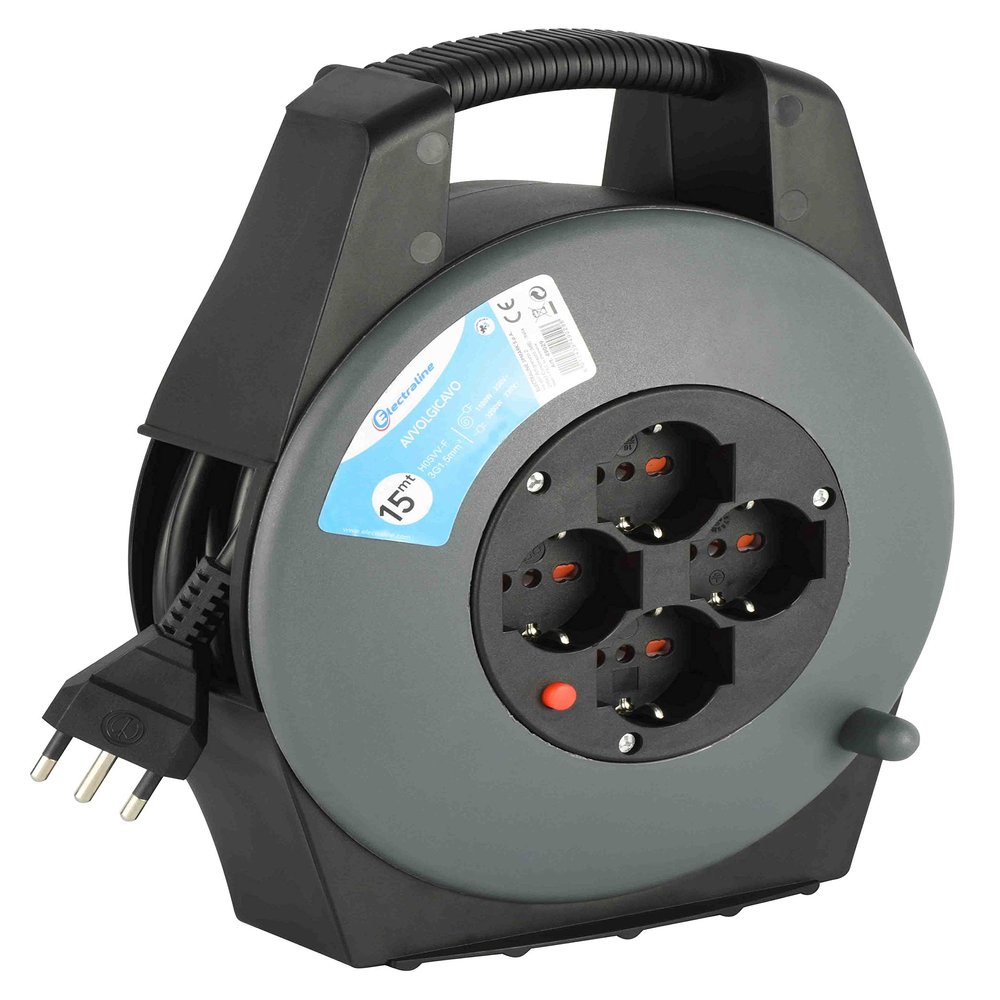 Electraline 49029 Cable Reel, 4 Universal Outlets, 15 m, Gray/Blue