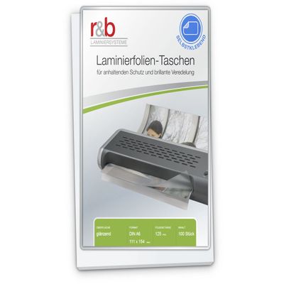 r&b FT-A6-125S A6 Laminating Pouches, 111 x 154 mm, 2 x 125 microns, Self-Adhesive Back, 100-Pack