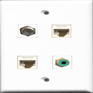 RiteAV White Wall Plate with 1 Green RCA Port, 1 F-Type Coaxial TV Port, and 2 Cat6 Ethernet Ports