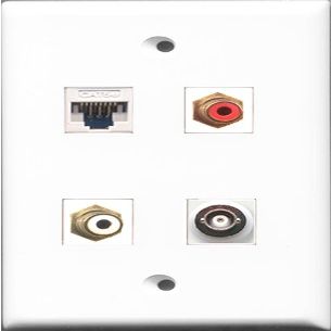 RiteAV Wall Plate, 1 RCA Jack, 1 RCA Plug, 1 BNC Connector, 1 Cat5e Ethernet Port, White