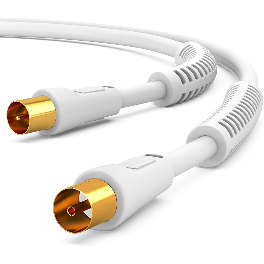HB-DIGITAL 5 m TV Antenna Cable, IEC Plug to IEC Socket, Coaxial, HDTV, 4-Fold Shielding, 2 Ferrite Cores, DVB-T/T2, DAB, White