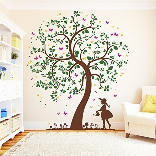 Wall Decal Loft Tree Girl with Watering Can, 4-Color, 100 x 117 cm