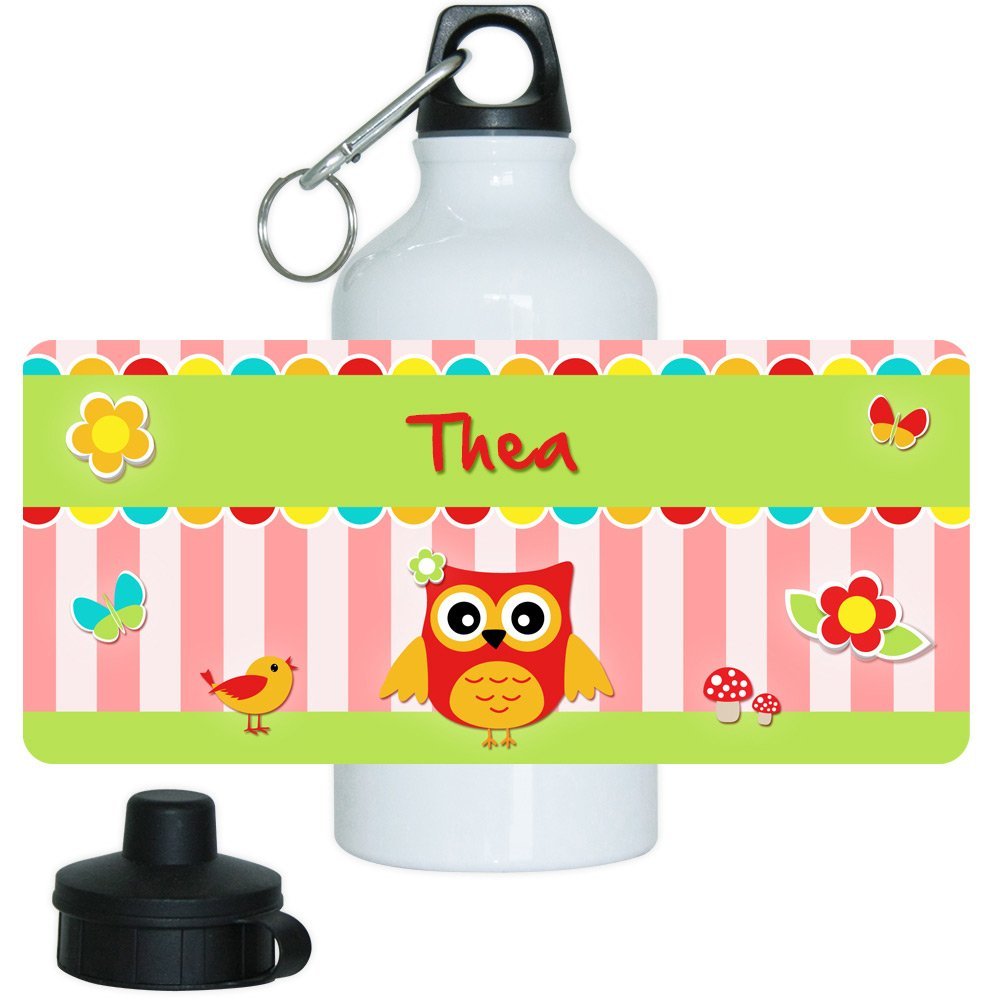 Eurofoto Aluminum Water Bottle with the Name Thea and Cute Owl Design for Girls