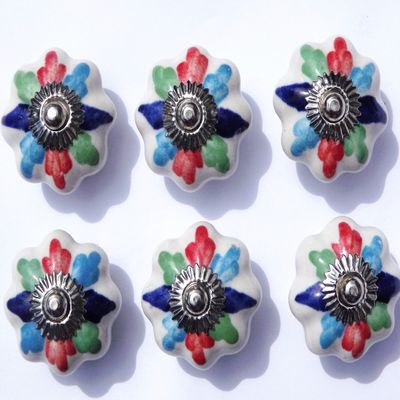 6 Antique White Ceramic Cabinet Knobs with Multicolor Flower Petals, Chrome Finish