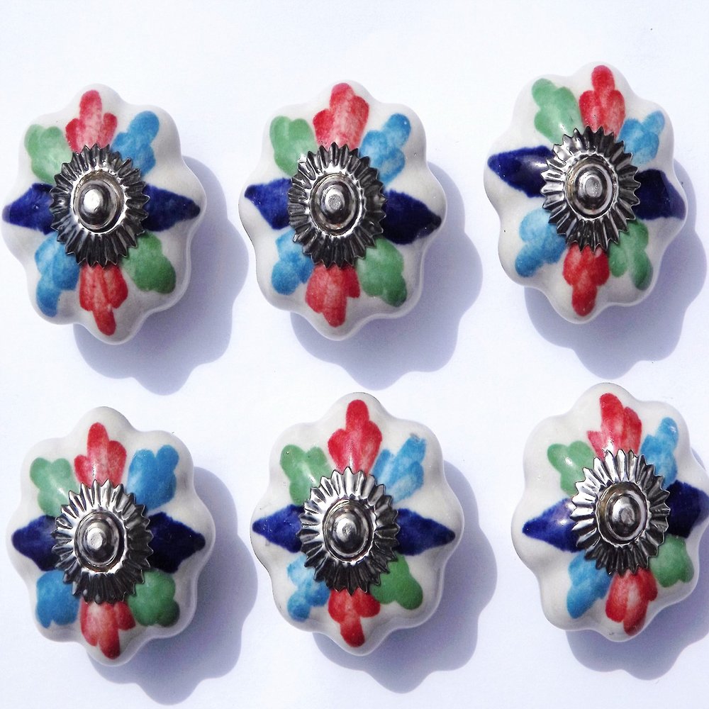 6 Antique White Ceramic Cabinet Knobs with Multicolor Flower Petals, Chrome Finish