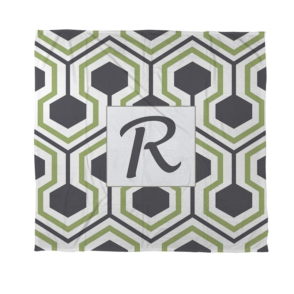 Manual Woodworker's & Weavers Coral Fleece Throw, 30 x 40 in, Monogrammed Letter R, Gray Honeycomb Pattern