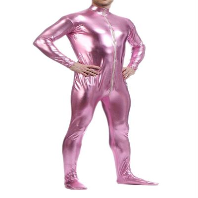 Seeksmile Unisex Metallic Zentai Bodysuit, Hoodless, Pink, L