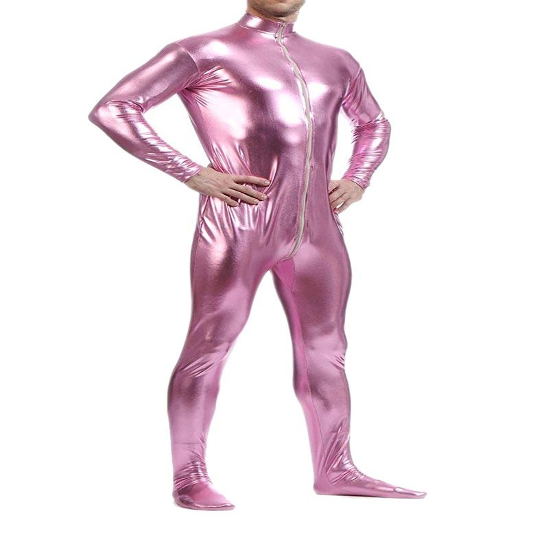 Seeksmile Unisex Metallic Zentai Bodysuit, Hoodless, Pink, L