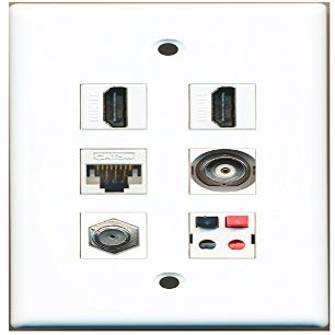 RiteAV 2 HDMI Coaxial Cables with 1-Port F-Type, 1-Port BNC, 1-Port Cat5e Ethernet, White, 1-Port Speaker Wall Plate