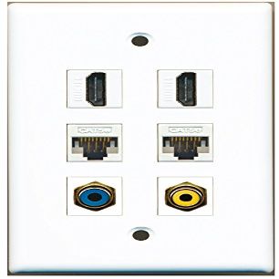 RiteAV HDMI Wall Plate, 1 Yellow RCA Port, 1 Blue RCA Port, 2 Cat5e Ethernet Ports, White