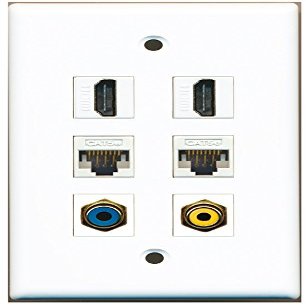 RiteAV HDMI Wall Plate, 1 Yellow RCA Port, 1 Blue RCA Port, 2 Cat5e Ethernet Ports, White