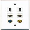 RiteAV HDMI Wall Plate, 1 Yellow RCA Port, 1 Blue RCA Port, 2 Cat5e Ethernet Ports, White view 1