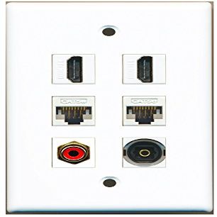 RiteAV White Wall Plate with 2 HDMI, 1 Red RCA, 1 Toslink, and 2 Cat5e Ethernet Ports