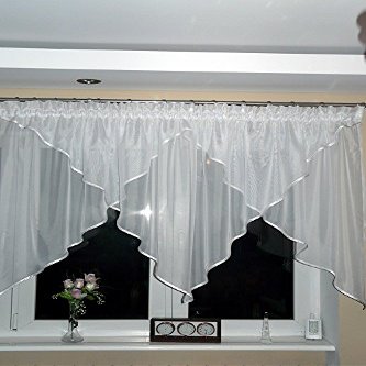 Ready-Made Voile Curtain with Gathering Tape, Modern Design, Brown Trim