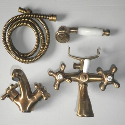 Bathroom Sink and Bathtub Faucet Set, Two-Handle Nostalgic Antique Brass Finish