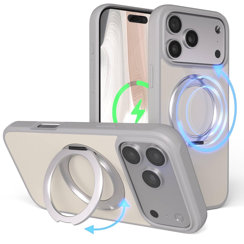 EAZY CASE for iPhone 17 Pro Max, 360° Rotating Ring Holder, Stand, MagSafe Compatible, Gray
