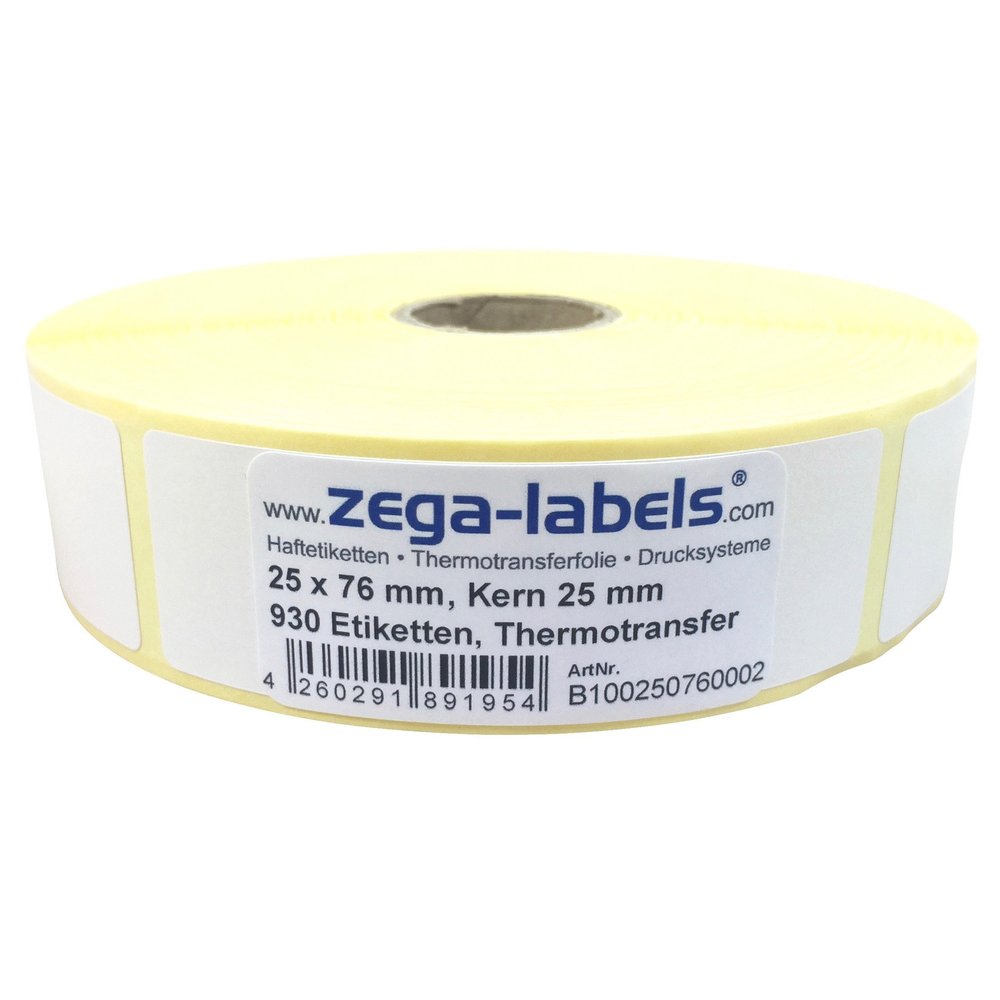 Thermal Transfer Labels on Roll, 25 x 76 mm, 930 per Roll