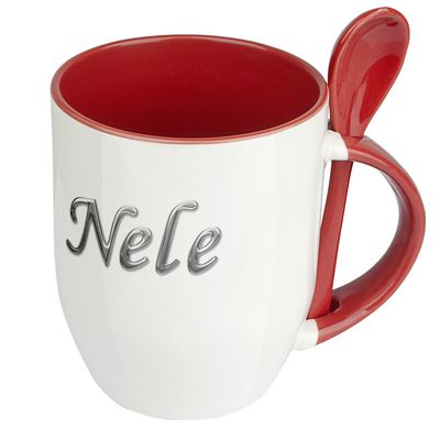Digital Print Name Mug Nele – Spoon Mug with Name Design and Chrome-Look Lettering – Red