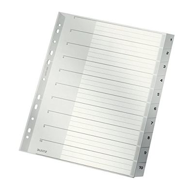Leitz A4 Index Dividers, 10 Numbered Plastic Tabs, Gray, 12800000