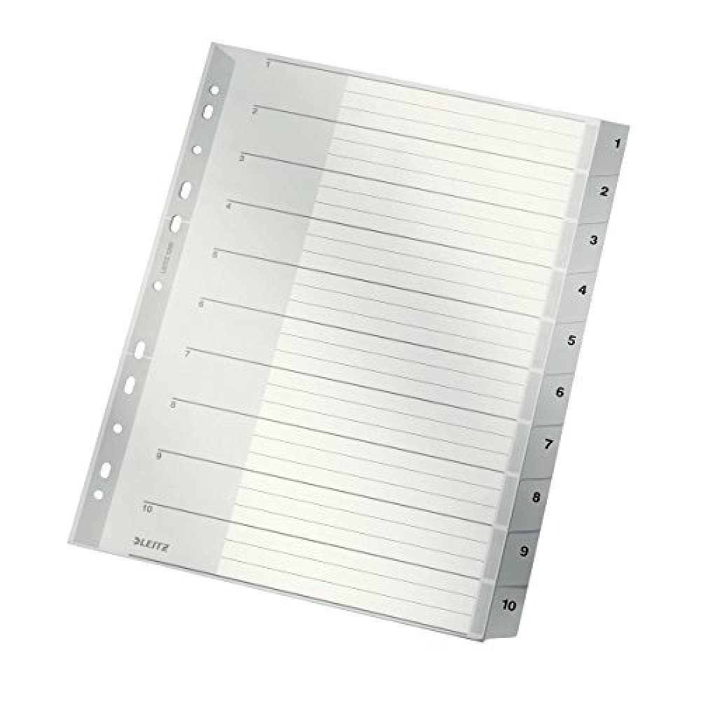 Leitz A4 Index Dividers, 10 Numbered Plastic Tabs, Gray, 12800000