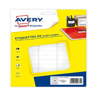 Avery 720 Multipurpose Labels (45 per Sheet), 13 x 38 mm, A5 Sheet (ETE045)