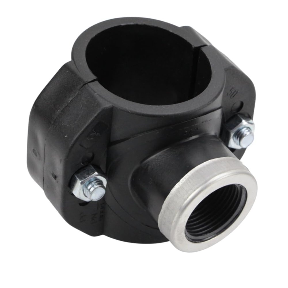PP Tapping Saddle with Fitting for 50 mm PE Pipe, 3/4" Female Thread, 2 Screws, Reinforced