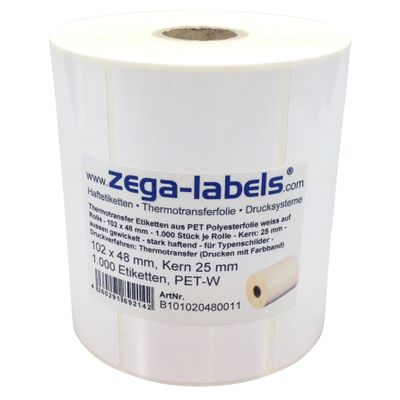 White PET Polyester Thermal Transfer Labels, 102 x 48 mm, Strong Adhesive, 1,000/Roll