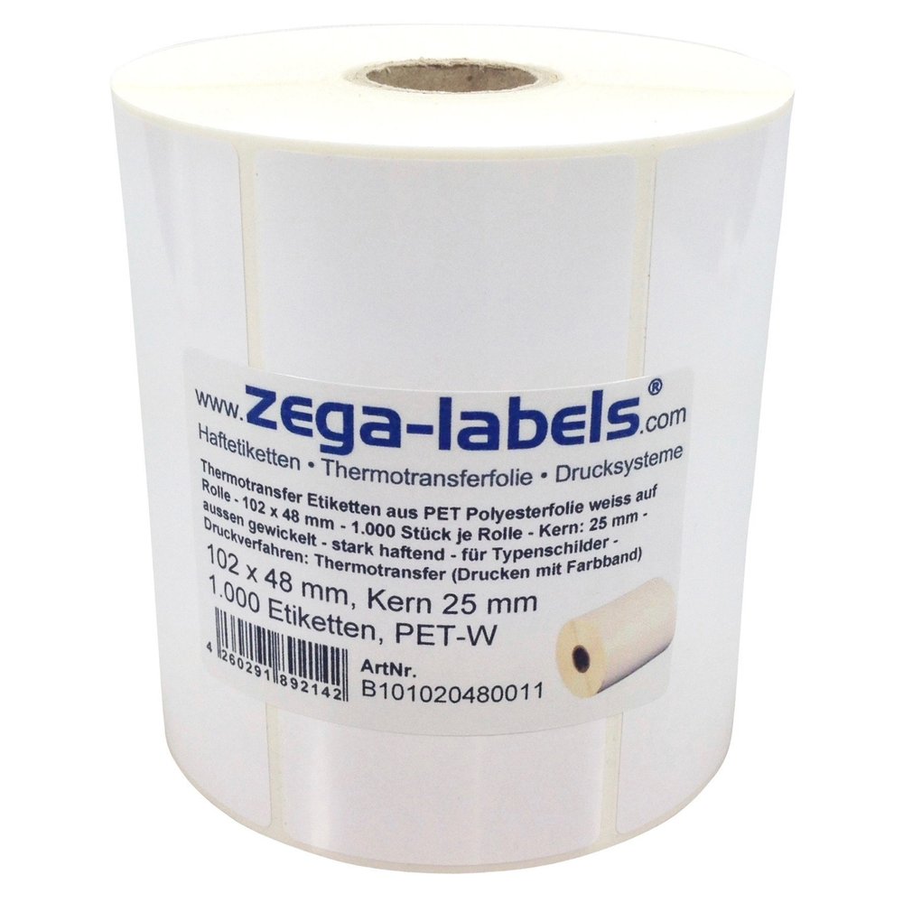 White PET Polyester Thermal Transfer Labels, 102 x 48 mm, Strong Adhesive, 1,000/Roll
