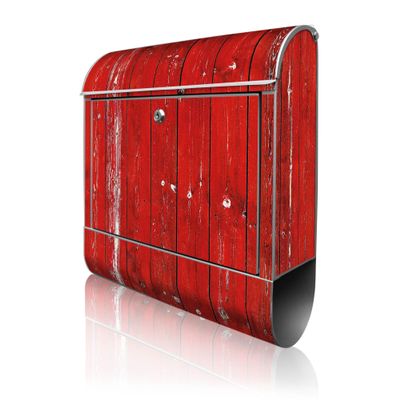 banjado Designer Mailbox 38.5 x 46.5 x 13 cm with 2 Keys – Silver Powder-Coated Steel Mailbox with Newspaper Compartment, A4 Slot, Mounting Hardware Included – Red Wooden Slats