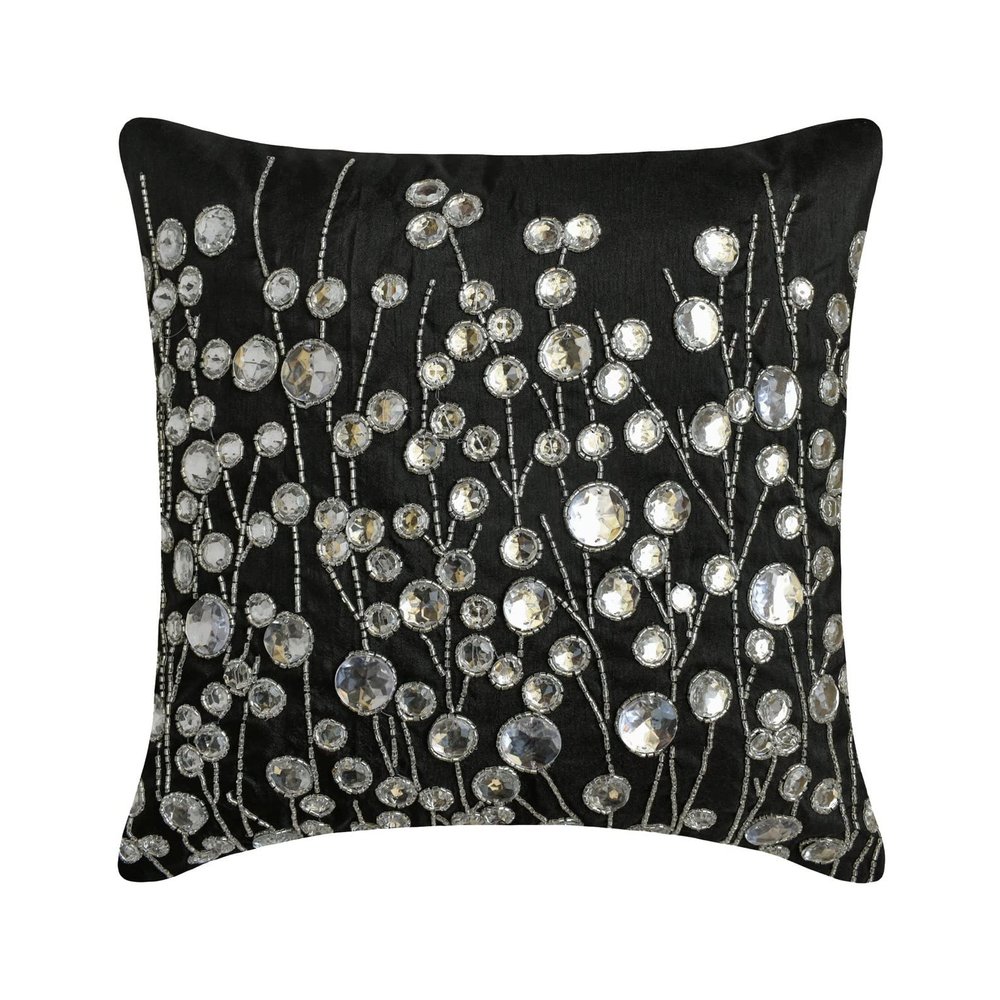 The HomeCentric Black Crystal Garden Euro Sham, 65 x 65 cm, Rhinestone Crystal, Silk, Contemporary Floral