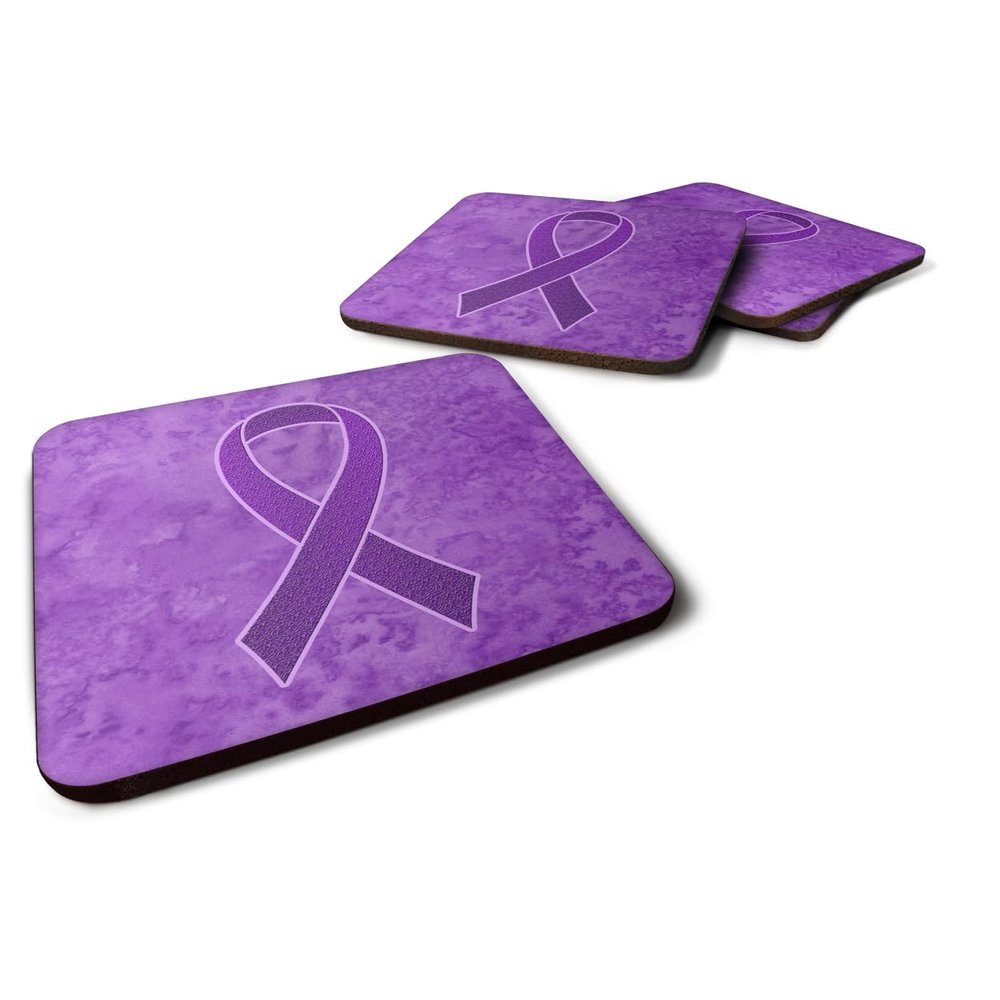 Caroline's Treasures Purple Ribbon Pancreas and Leiomyosarcoma Cancer Awareness Foam Coasters, Set of 4, 8.9 cm H x 8.9 cm W, Multicolor