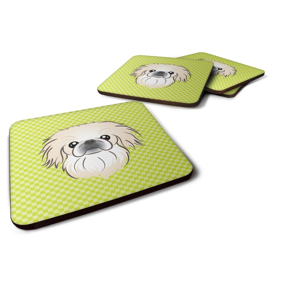 Caroline's Treasures BB1283FC Checkerboard Lime Green Pekingese Foam Coasters, Set of 4, 3.5" x 3.5", Multicolor