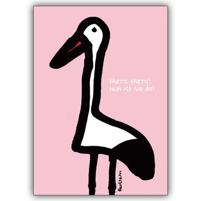 Kartenkaufrausch 1 Baby Card: Stork-Themed Card for the Birth of a Girl, “Hooray, Hooray! She’s Here!”, Beautiful Welcome Greeting Card for Mother and Child, Family, Friends & Colleagues
