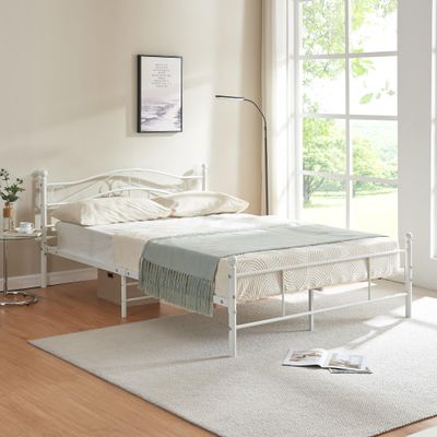 [en.casa] Florence Metal Bed, 55 x 78.7 in, with Headboard, Powder-Coated, White