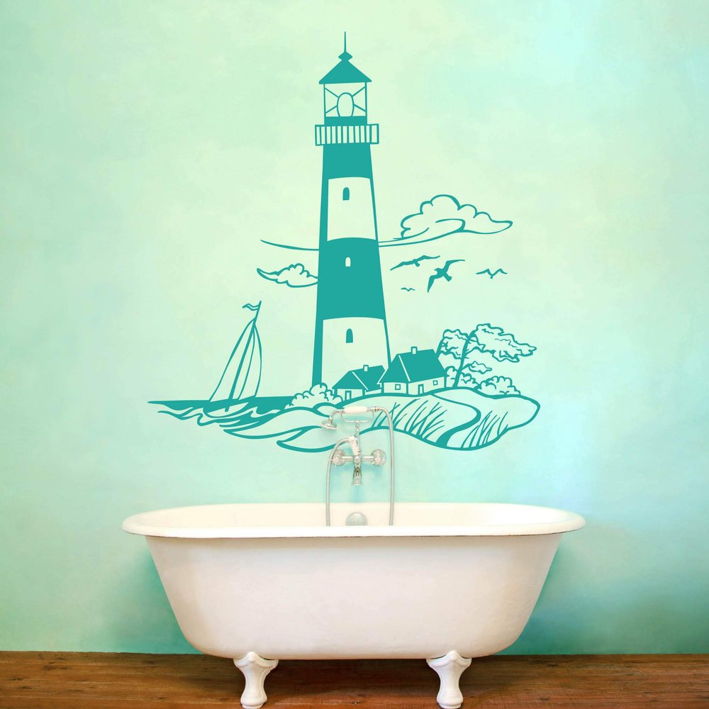 Lighthouse Sea Maritime Landscape Wall Decal M1430 - Pink, Size S, 75 cm W x 80 cm H