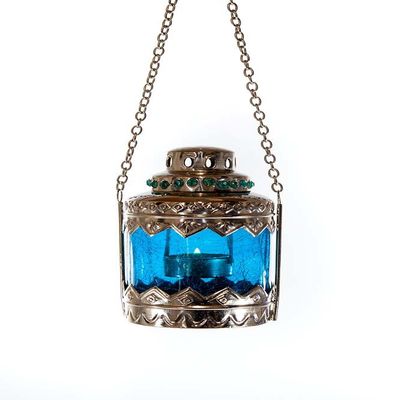 PTMD Oriental Metal Lantern, Turquoise, Tealight Holder