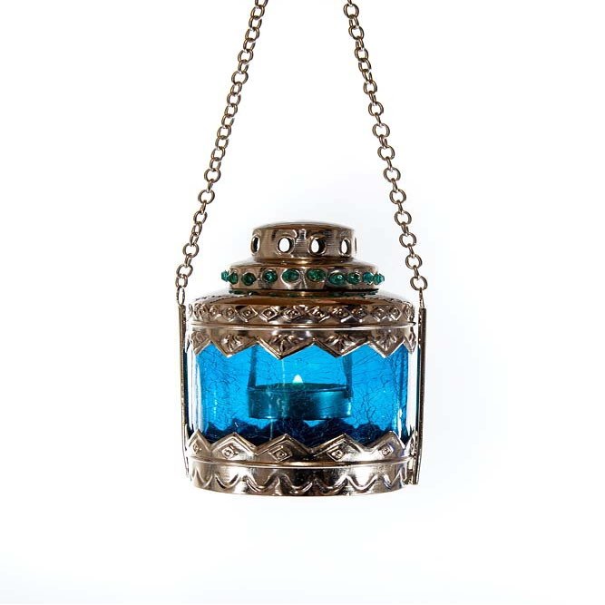 PTMD Oriental Metal Lantern, Turquoise, Tealight Holder