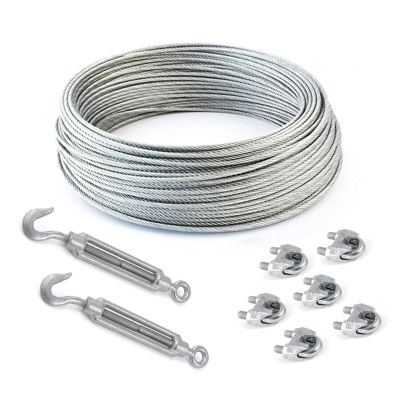 40 m 4 mm Wire Rope Set, 6 Clamps and 2 M5 Hook Turnbuckles
