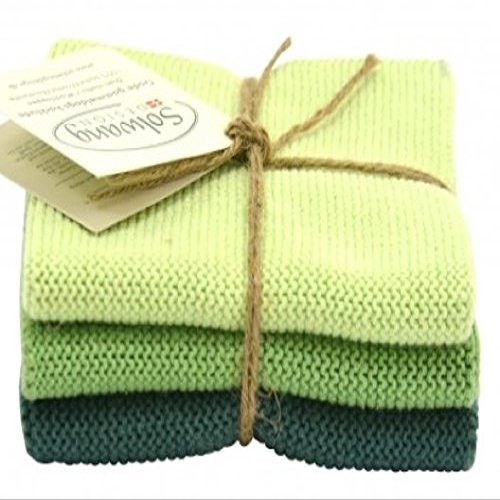 Knitted Dishcloths, Set of 3, Green Combo