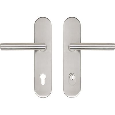 5x MARCHESI Security Lever Handle Set, Mitered, Long Backplate, 92 mm PZ Spacing, Cylinder Pull Protection, Satin Stainless Steel