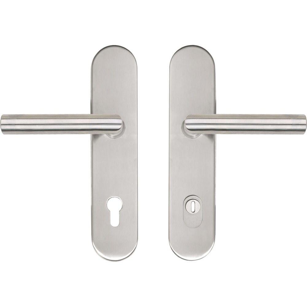 5x MARCHESI Security Lever Handle Set, Mitered, Long Backplate, 92 mm PZ Spacing, Cylinder Pull Protection, Satin Stainless Steel