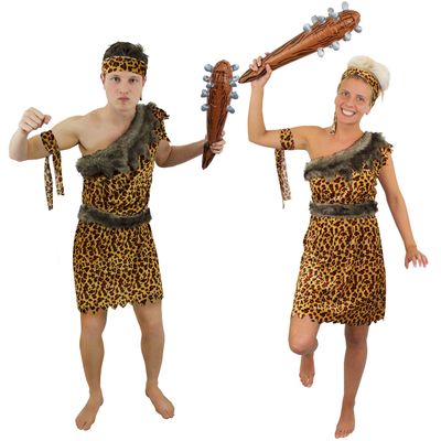 Unisex Neanderthal Couple Costumes with Inflatable Clubs