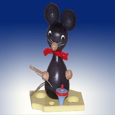 Rudolph's Treasure Chest Year-Round Decoration, Mouse on Cheese with Spinning Top, 7 cm, Seiffen Wooden Smoker Figure
