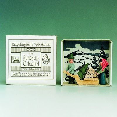 Rudolph's Treasure Chest Miniature Matchbox with Wood Collectors and Sled, 5 x 4 cm, Seiffen