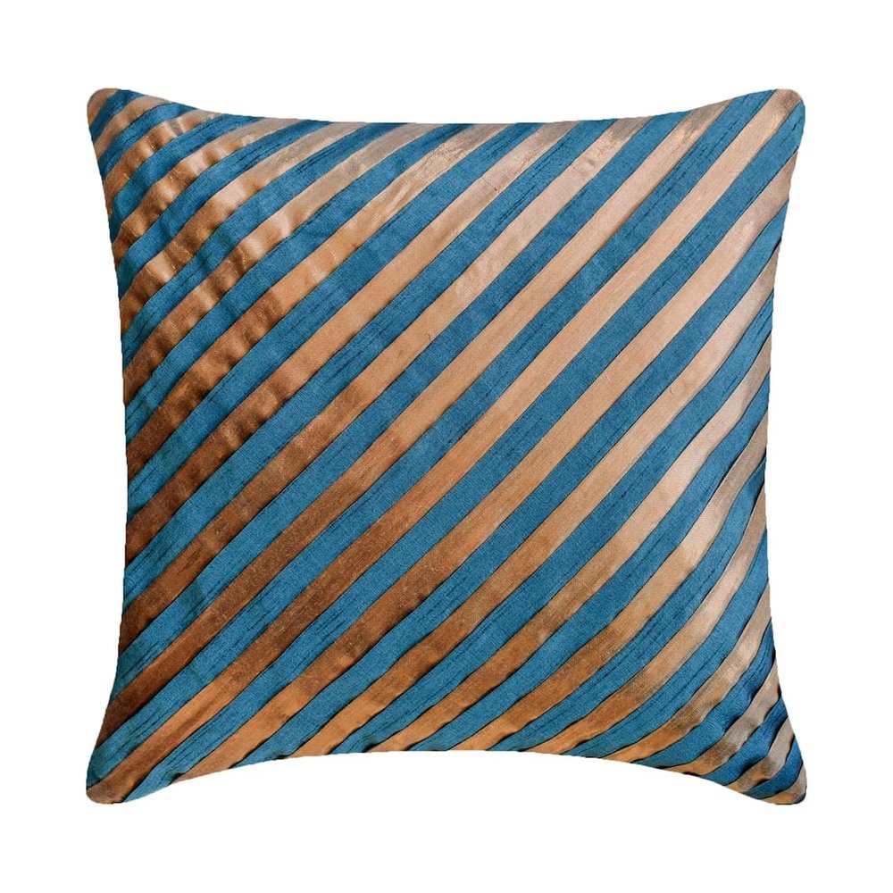 The HomeCentric Teal Blue Decorative Pillow Cover with Diagonal Metallic Piping, 45 x 45 cm, Unfolding Teal Copper